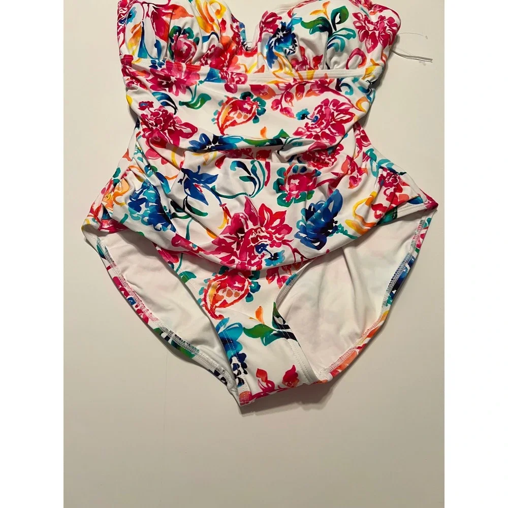Anne Cole Womens Floral Paisley Ruched One Piece Swimsuit White‎ Multi Color 12